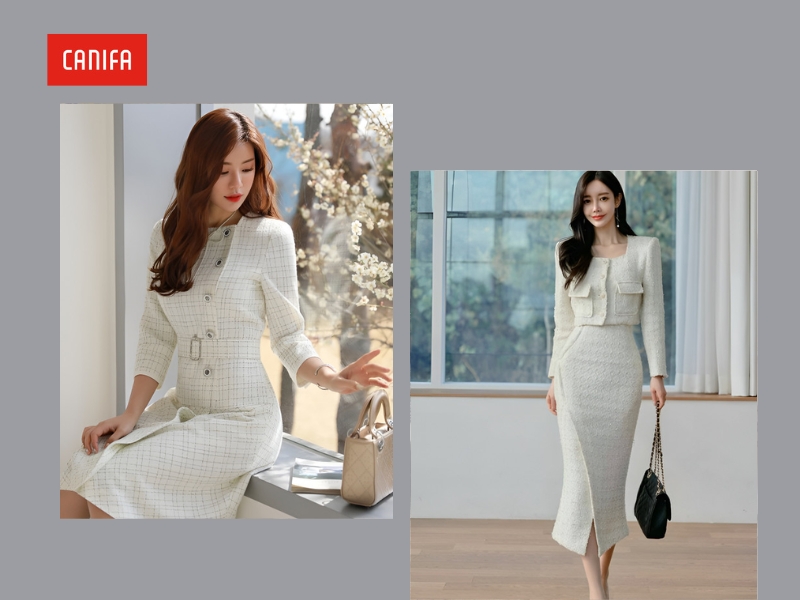 phối đồ mặc tết với đầm vải tweed