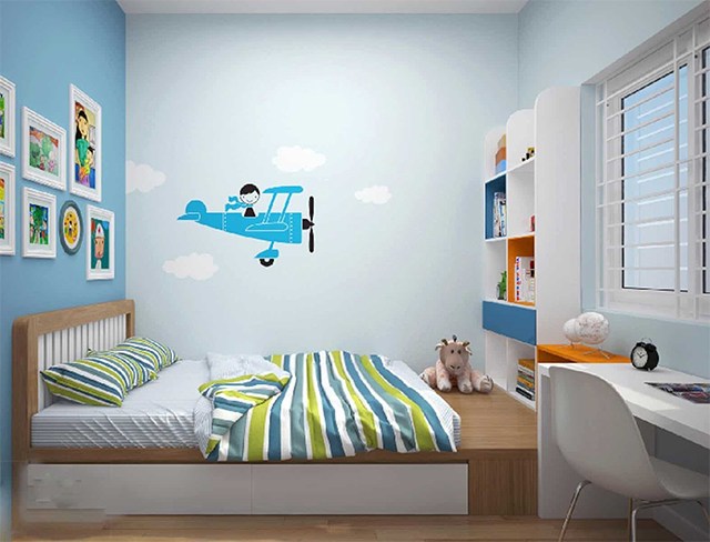 Mẫu 16: Phòng ngủ của gia đình có con nhỏ nên chọn màu xanh pastel kết hợp với họa tiết trang trí độc đáo