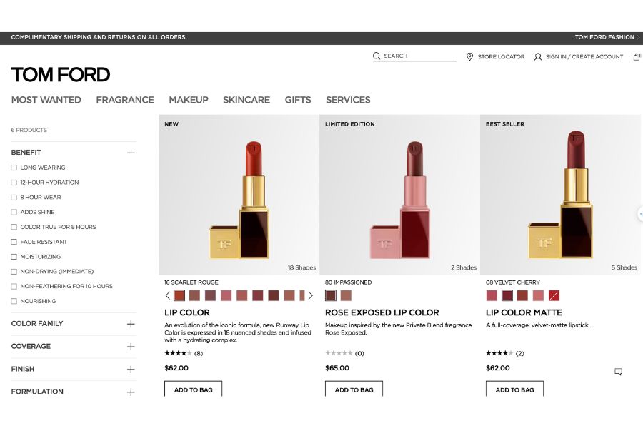 Giá son Tom Ford trên Website chính thức