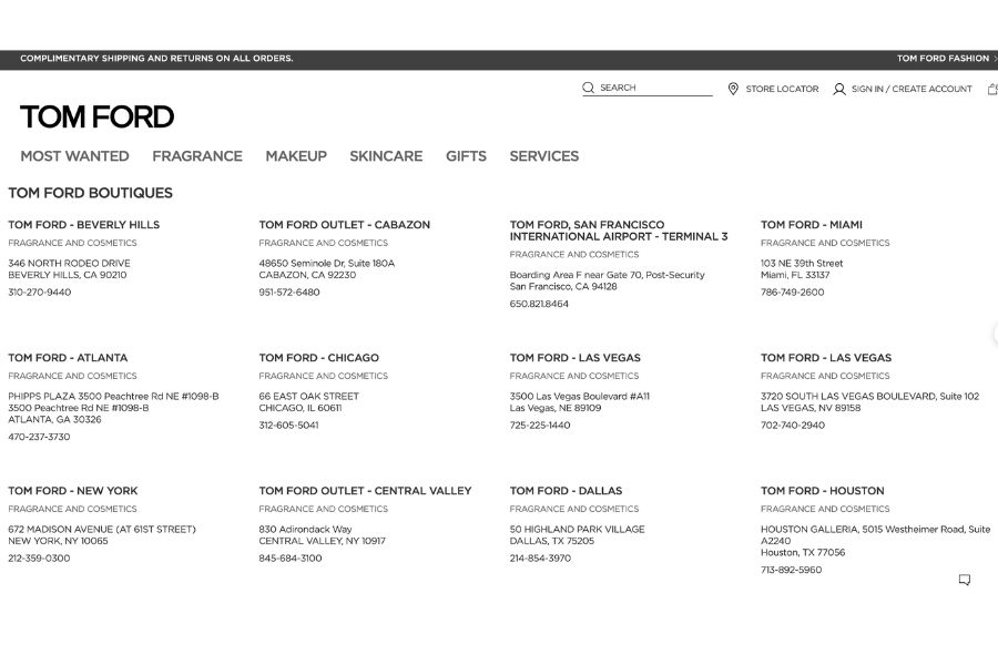 Phần Store Locator trên website Tom Ford
