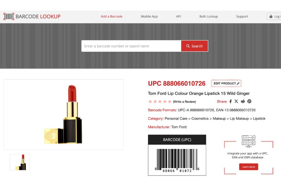 Kiểm tra mã vạch trên trang Barcodelookup