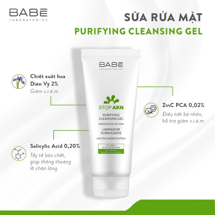 Gel Rửa Mặt Cho Da Dầu Mụn Laboratorios BABE Stop AKN Purifying Cleansing Gel