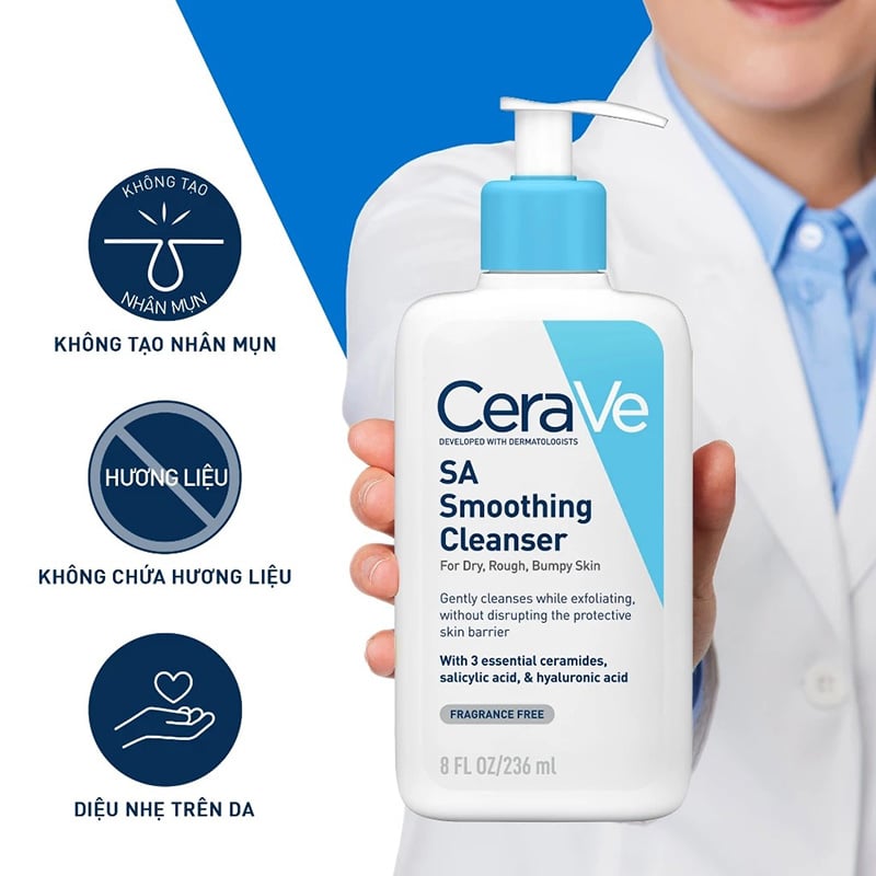 thegioiskinfood.com - Sữa Rửa Mặt Cerave Làm Sạch Sâu Cho Da Mụn, Tẩy Da Chết Dịu Nhẹ Developed With Dermatologists SA Smoothing Cleanser 236ml