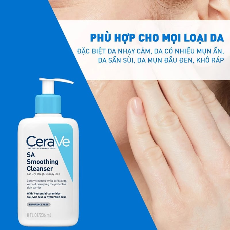 thegioiskinfood.com - Sữa Rửa Mặt Cerave Làm Sạch Sâu Cho Da Mụn, Tẩy Da Chết Dịu Nhẹ Developed With Dermatologists SA Smoothing Cleanser 236ml