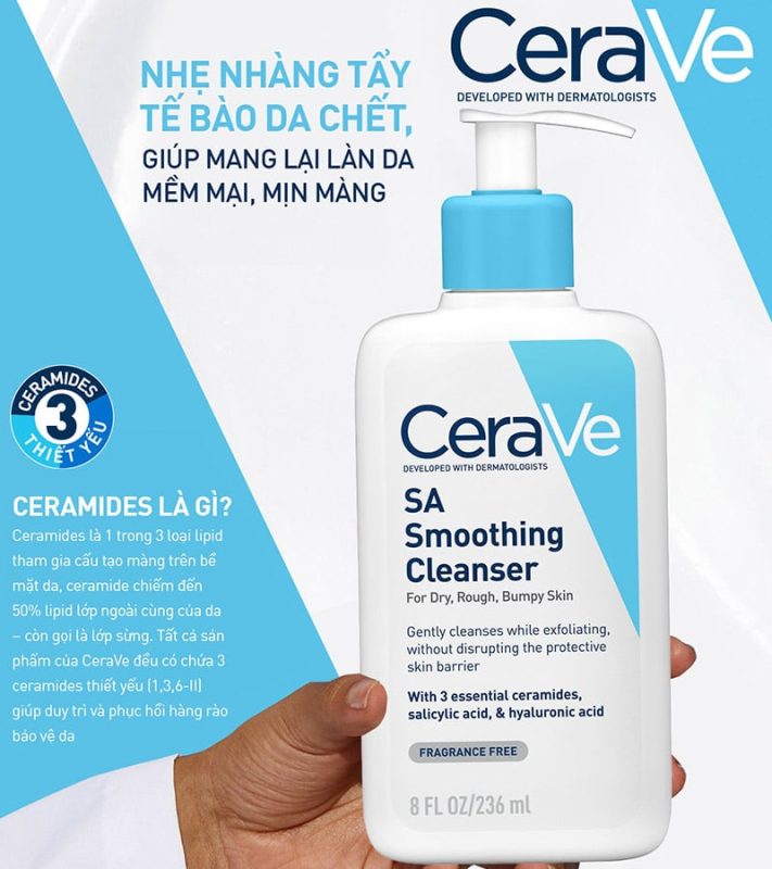 Sữa Rửa Mặt Cerave Làm Sạch Sâu Cho Da Mụn, Tẩy Da Chết Dịu Nhẹ Developed With Dermatologists SA Smoothing Cleanser 236ml