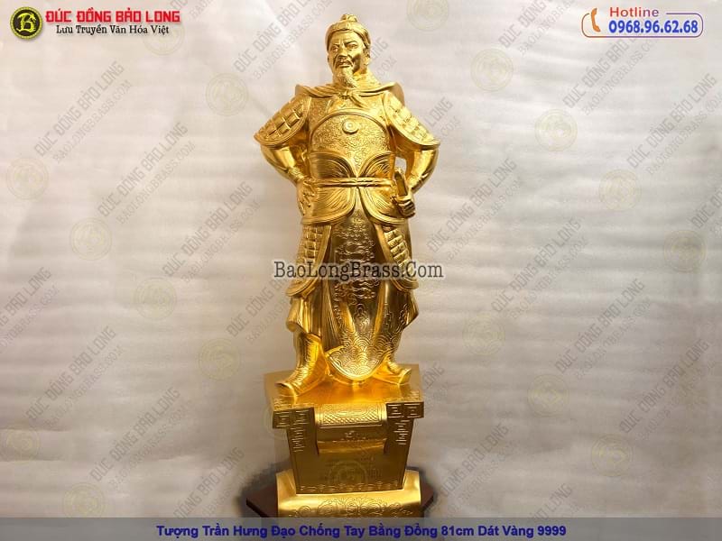 tượng trần hưng đạo chống tay bằng đồng 81cm dát vàng