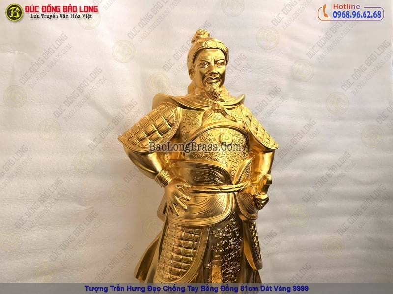 tượng trần hưng đạo chống tay bằng đồng 81cm dát vàng