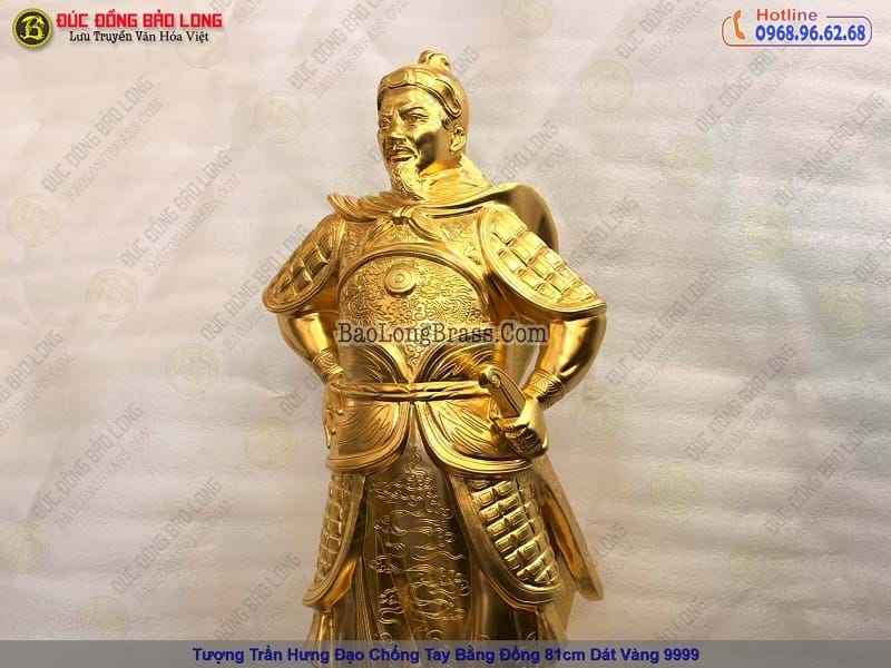tượng trần hưng đạo chống tay bằng đồng 81cm dát vàng