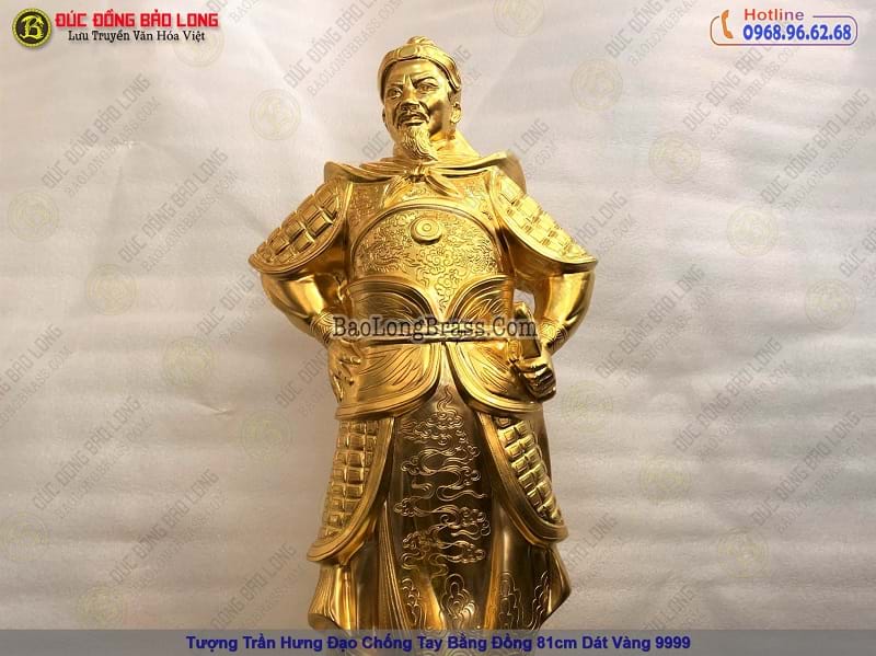 tượng trần hưng đạo chống tay bằng đồng 81cm dát vàng
