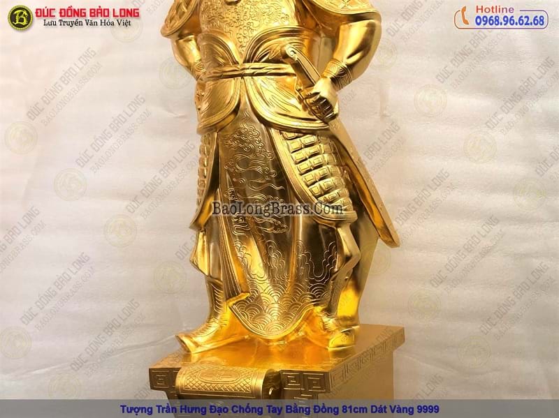 tượng trần hưng đạo chống tay bằng đồng 81cm dát vàng