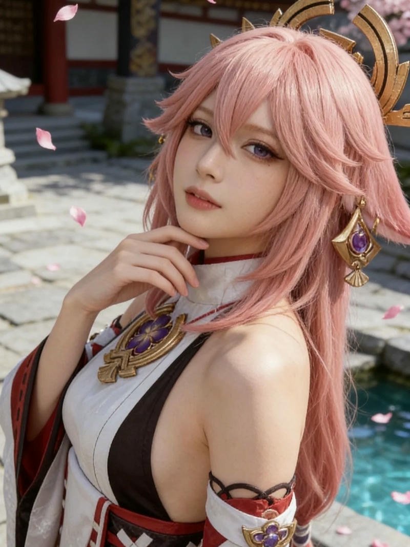 Yae miko cosplay chân dung cận mặt đôi mắt màu tím
