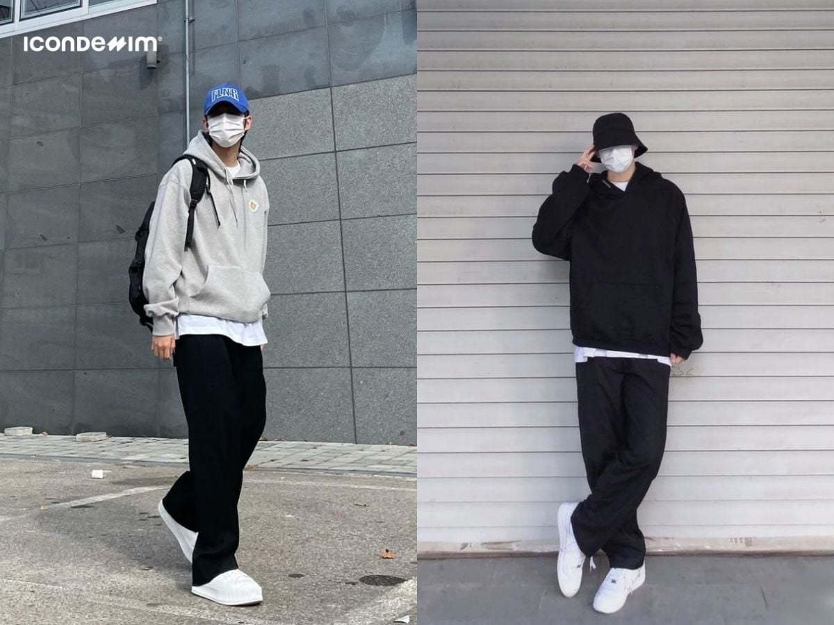Áo hoodie phối với quần tây ống rộng phong cách Hàn Quốc