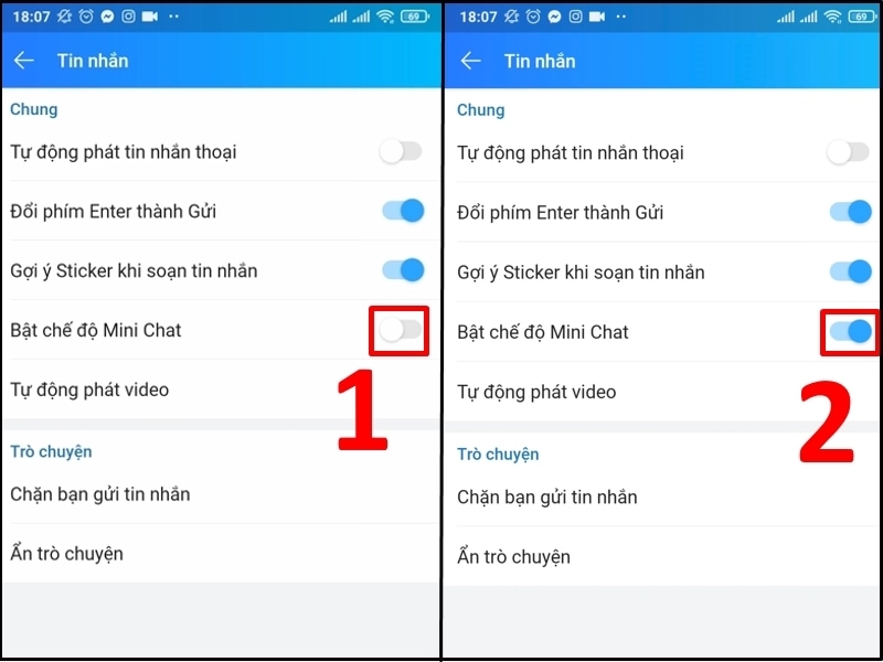 Gạt nút Bật chế độ Mini Chat thành màu xanh