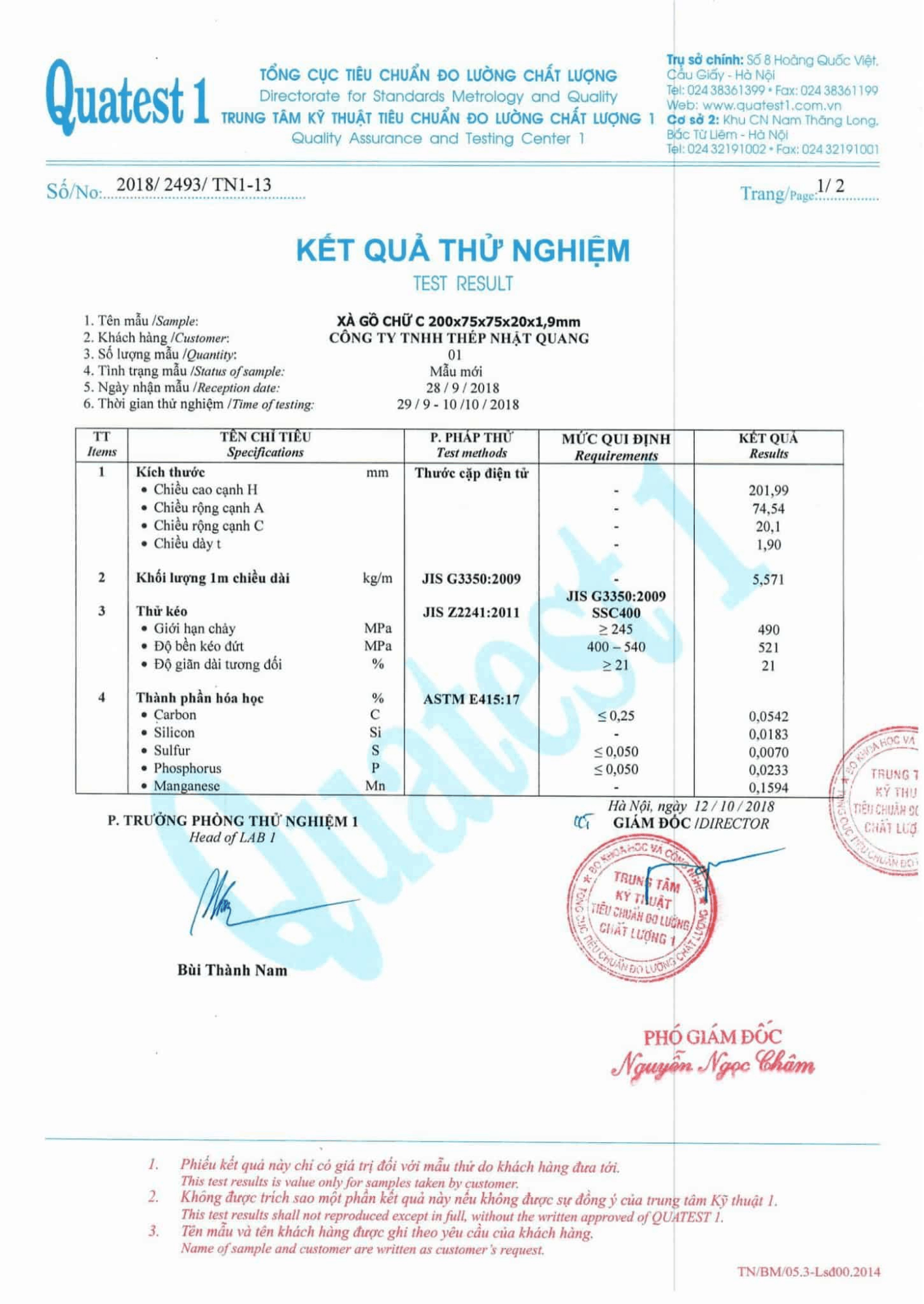 Kết quả thử nghiệm mẫu Xà gồ chữ C
