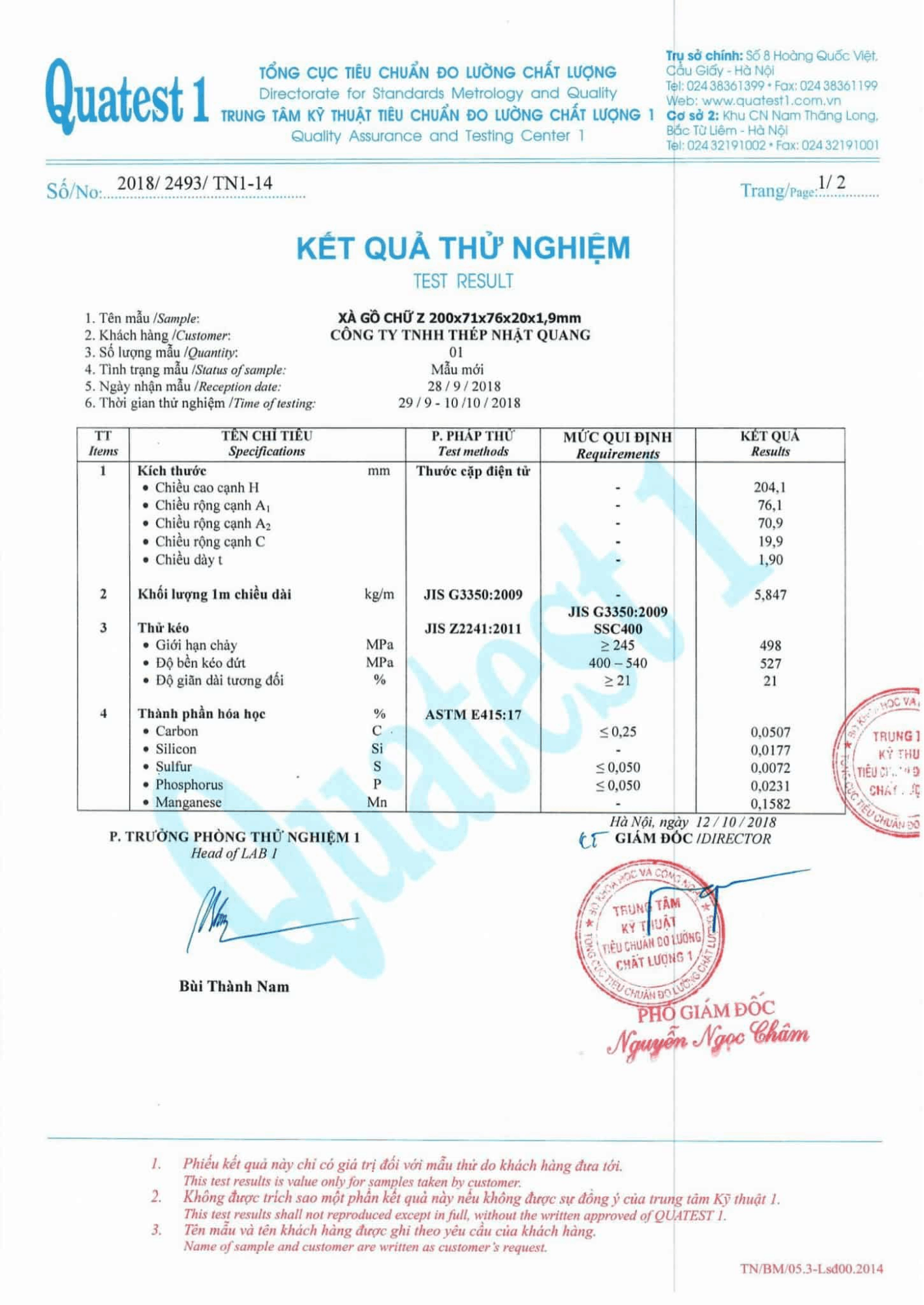 Kết quả thử nghiệm mẫu Xà gồ chữ Z