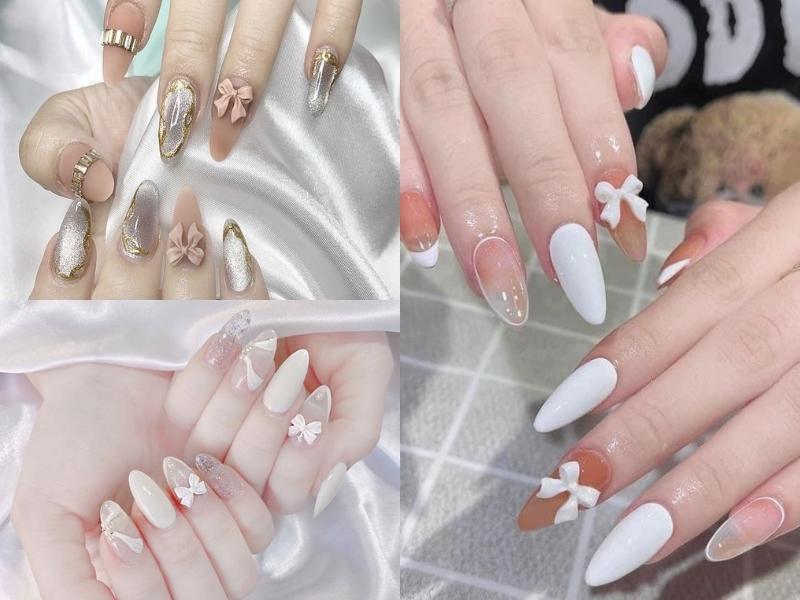 nail trắng đính nơ