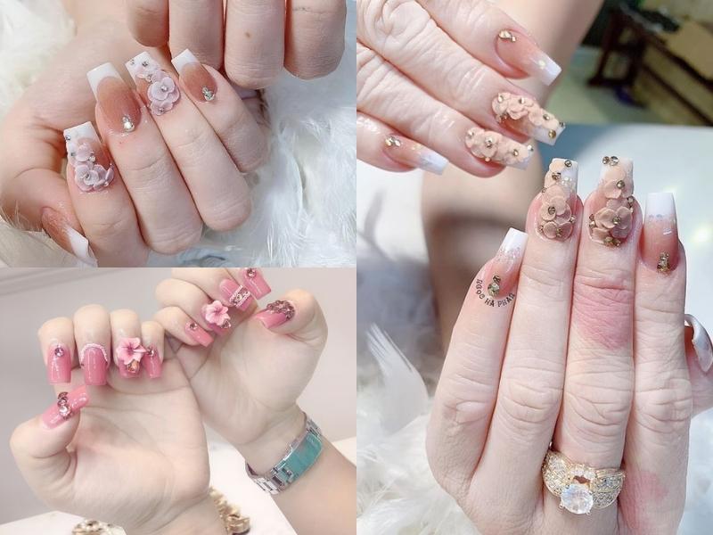 Nail màu hồng đính charm hoa