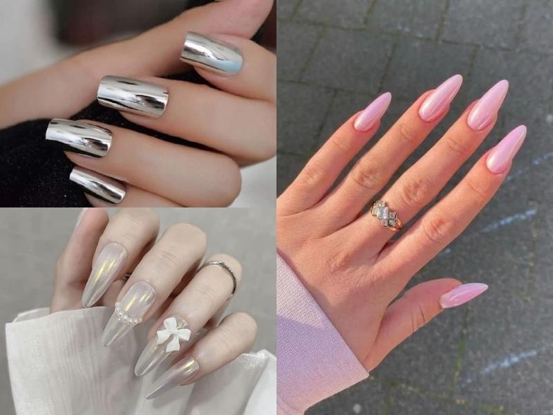 Nail tráng gương màu hồng, xám, trắng