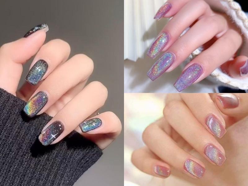 Nail mắt mèo đen tím cầu vồng