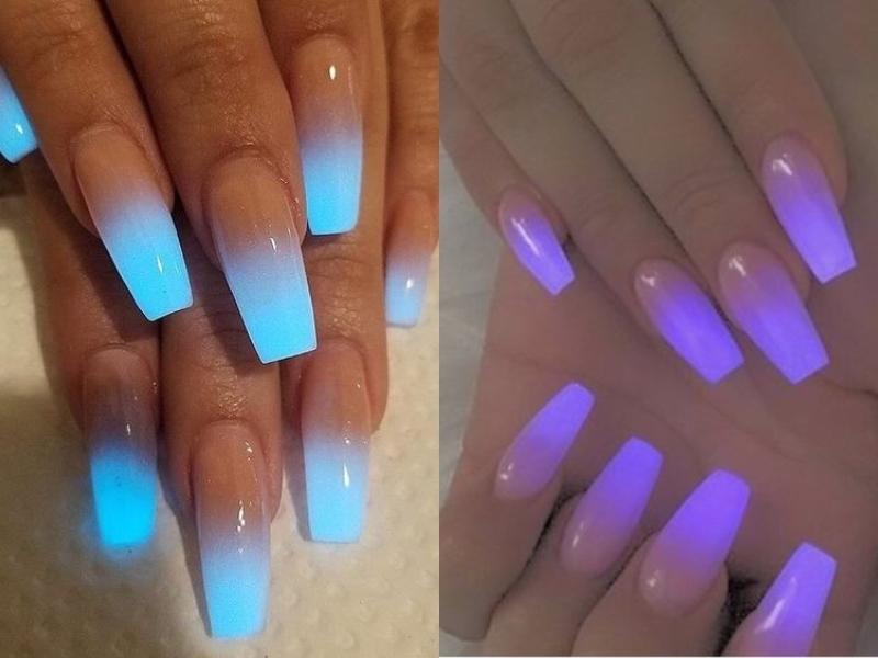 Nail màu xanh phát quang và nail màu tím phát quang