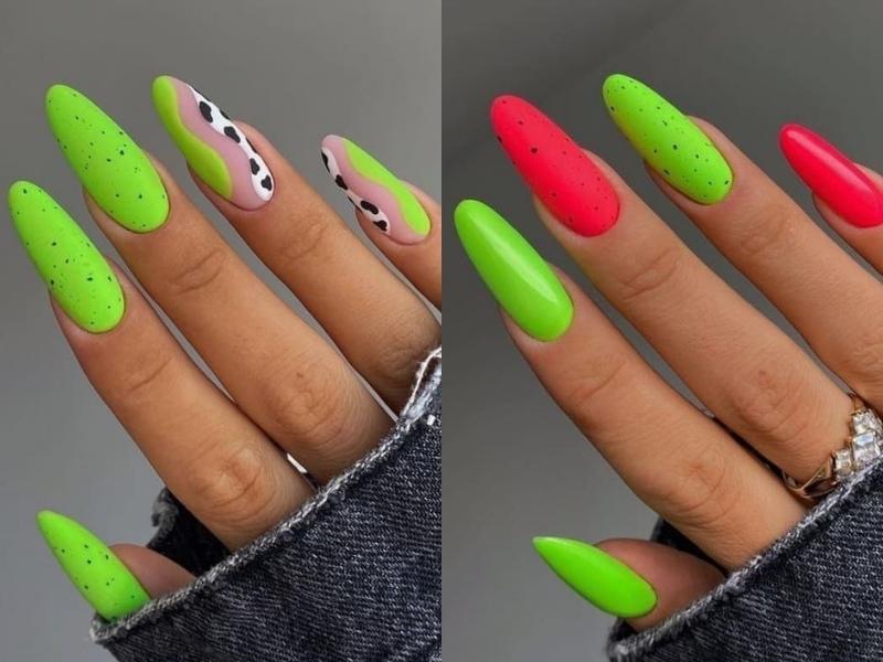 Nail neon màu đỏ xanh