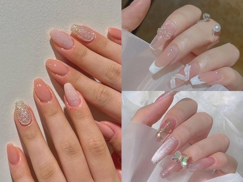 Nail cô dâu đính charm hoặc đính kim tuyến