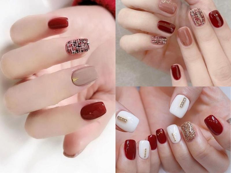 Nail Tết màu đỏ kết hợp cùng các màu khác như: nude, trắng