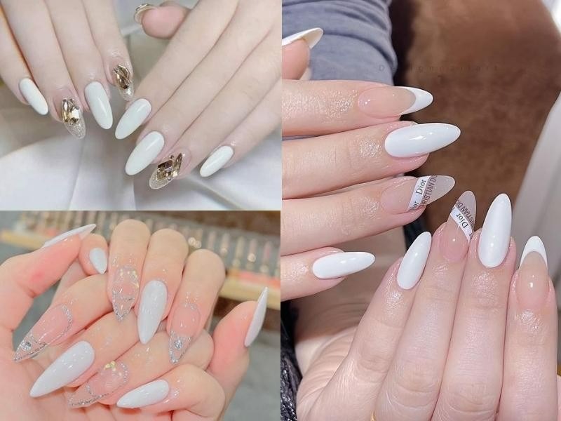 Nail màu trắng đính đá