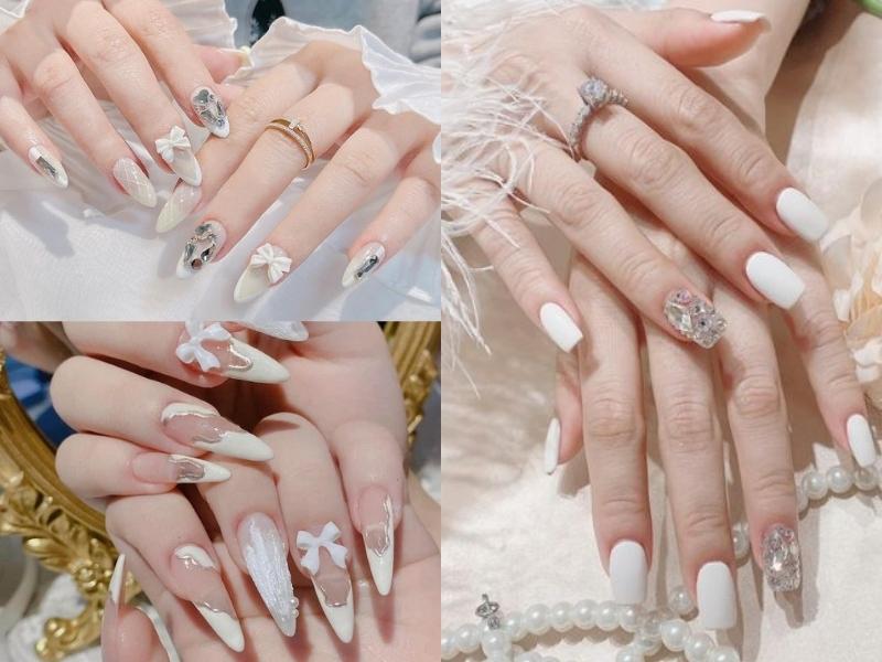 Nail màu trắng đính charm