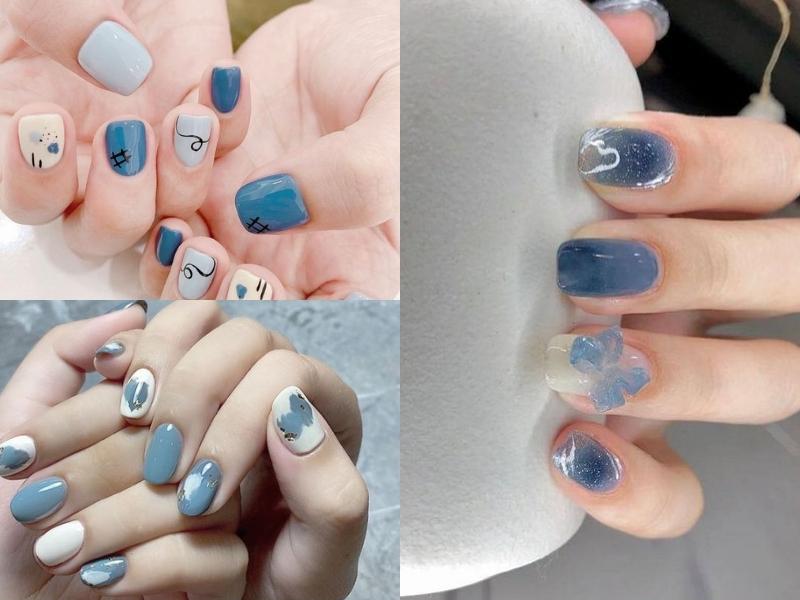 Nail xanh dương vẽ họa tiết