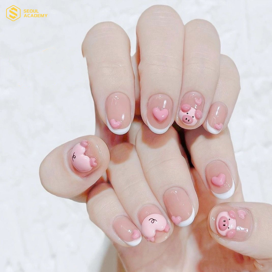 Họa tiết gấu hồng được biến tấu thành những mẫu nail khác nhau