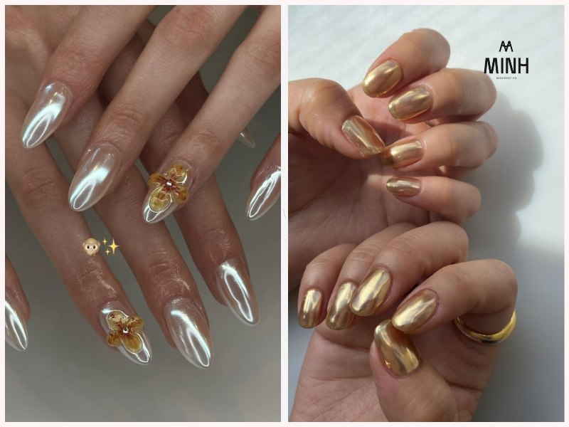Mẫu nail tráng gương đính đá