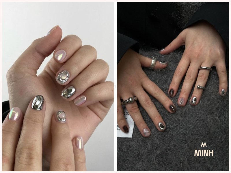 Mẫu nail tráng gương đính đá
