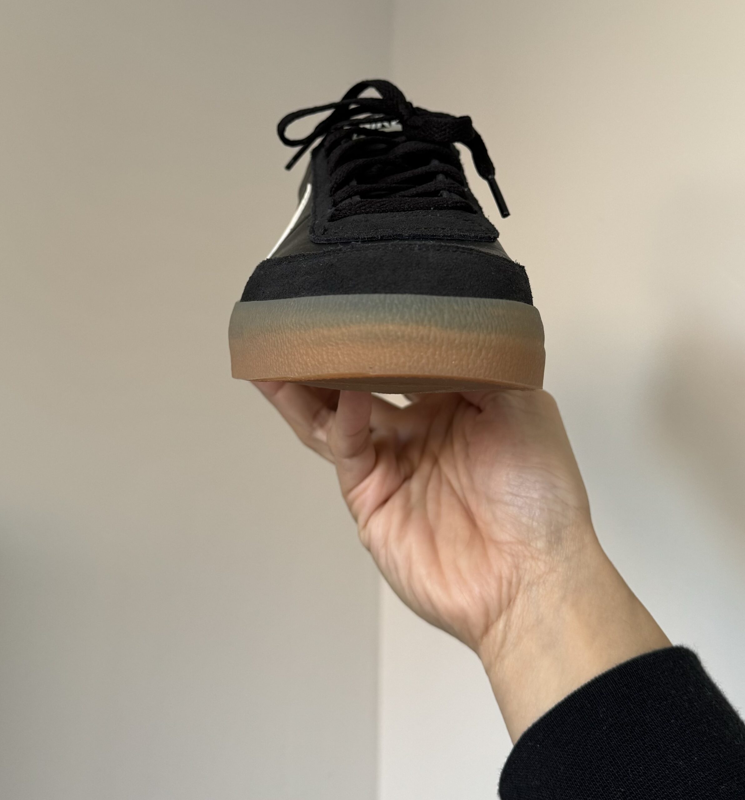 black nike killshot 2 with gum sole, front view of toe box