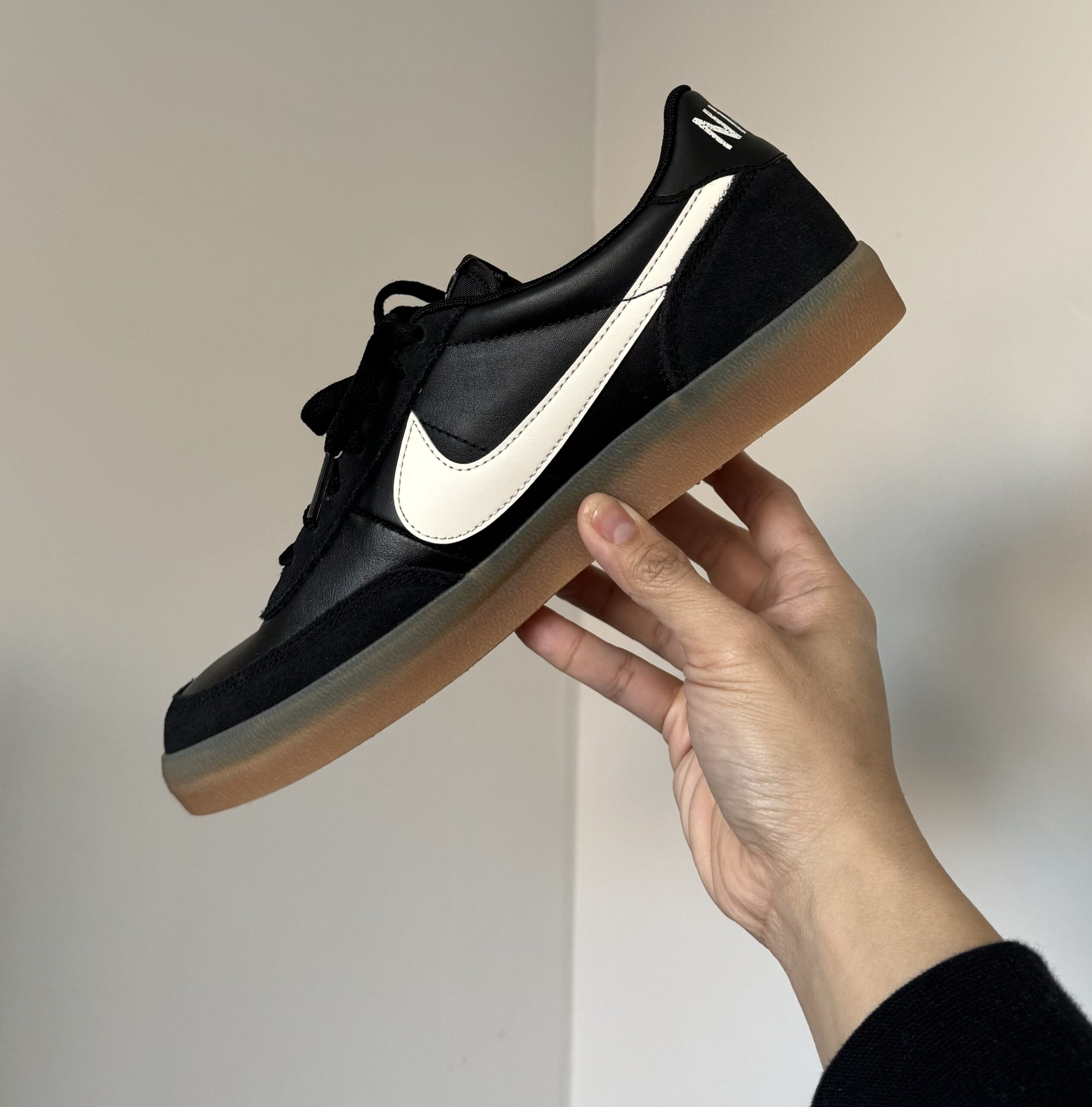 black nike killshot 2 with gum sole, side view