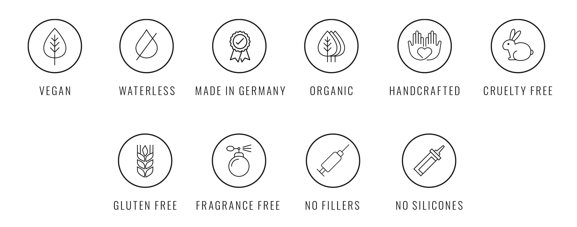 Icons showing claims: Vegan, Waterless, Organic, Handmade, Cruelty free, Gluten and fragrance free, No fillers, No silicones