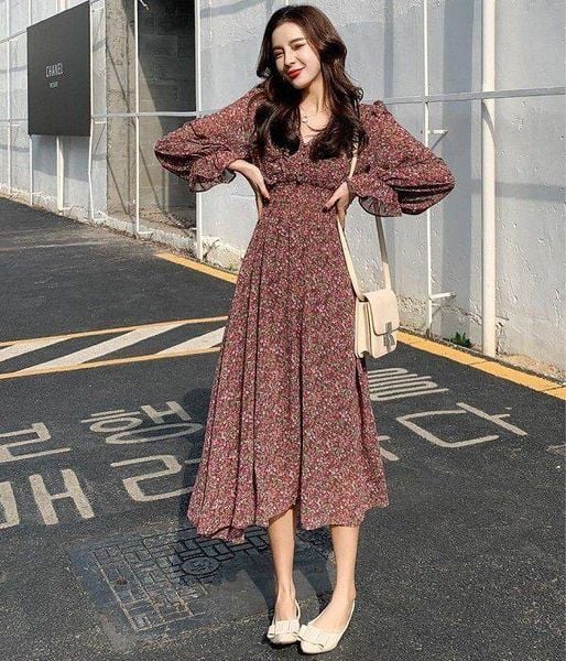 Outfit đi đám cưới cho nữ - Đầm hoa nhí tay bồng