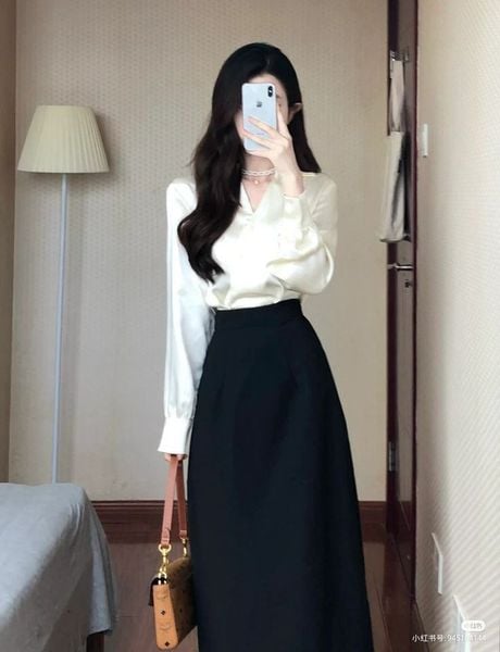 Outfit đi đám cưới cho nữ - Sơ mi lụa + chân váy chữ A
