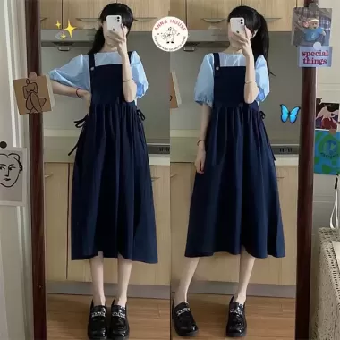 Set váy yếm kate dáng dài màu trơn thắt eo kèm áo sơ mi tay ngắn babydoll, set hai món yếm phối áo tay phồng Ulzzang