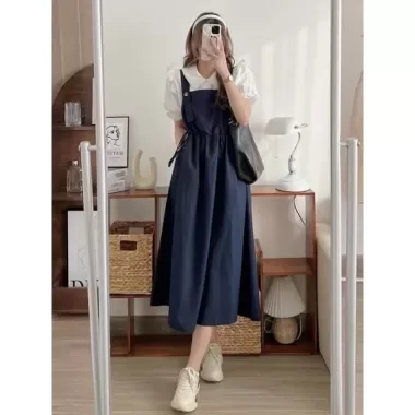 Set váy yếm kate dáng dài màu trơn thắt eo kèm áo sơ mi tay ngắn babydoll, set hai món yếm phối áo tay phồng Ulzzang