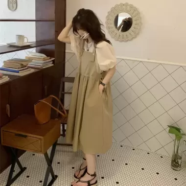 Set váy yếm kate dáng dài màu trơn thắt eo kèm áo sơ mi tay ngắn babydoll, set hai món yếm phối áo tay phồng Ulzzang