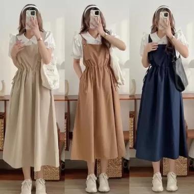 Set váy yếm kate dáng dài màu trơn thắt eo kèm áo sơ mi tay ngắn babydoll, set hai món yếm phối áo tay phồng Ulzzang