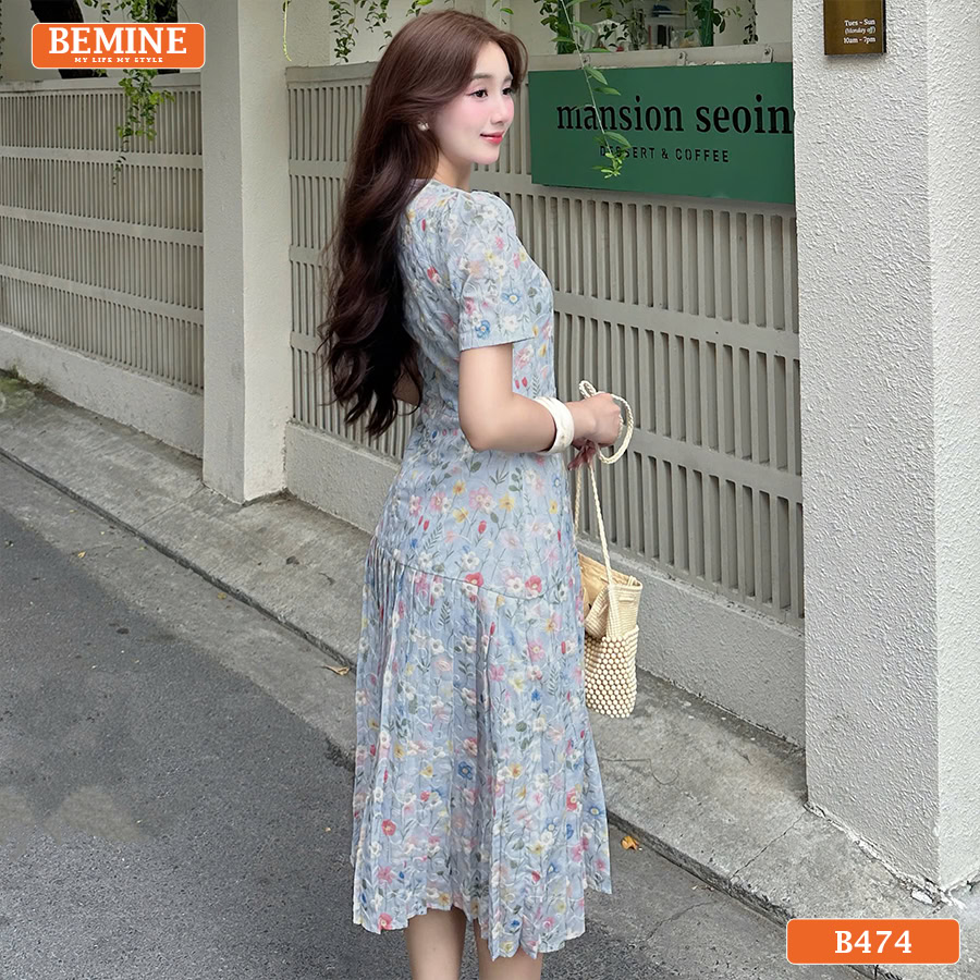 Mẫu đầm công sở BEMINE B474 dáng chữ A xếp ly tôn dáng.