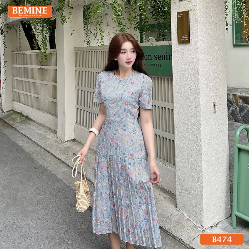 Đầm Thiết Kế BEMINE Dáng Chữ A Xếp Ly Cổ Tròn Hoa B474