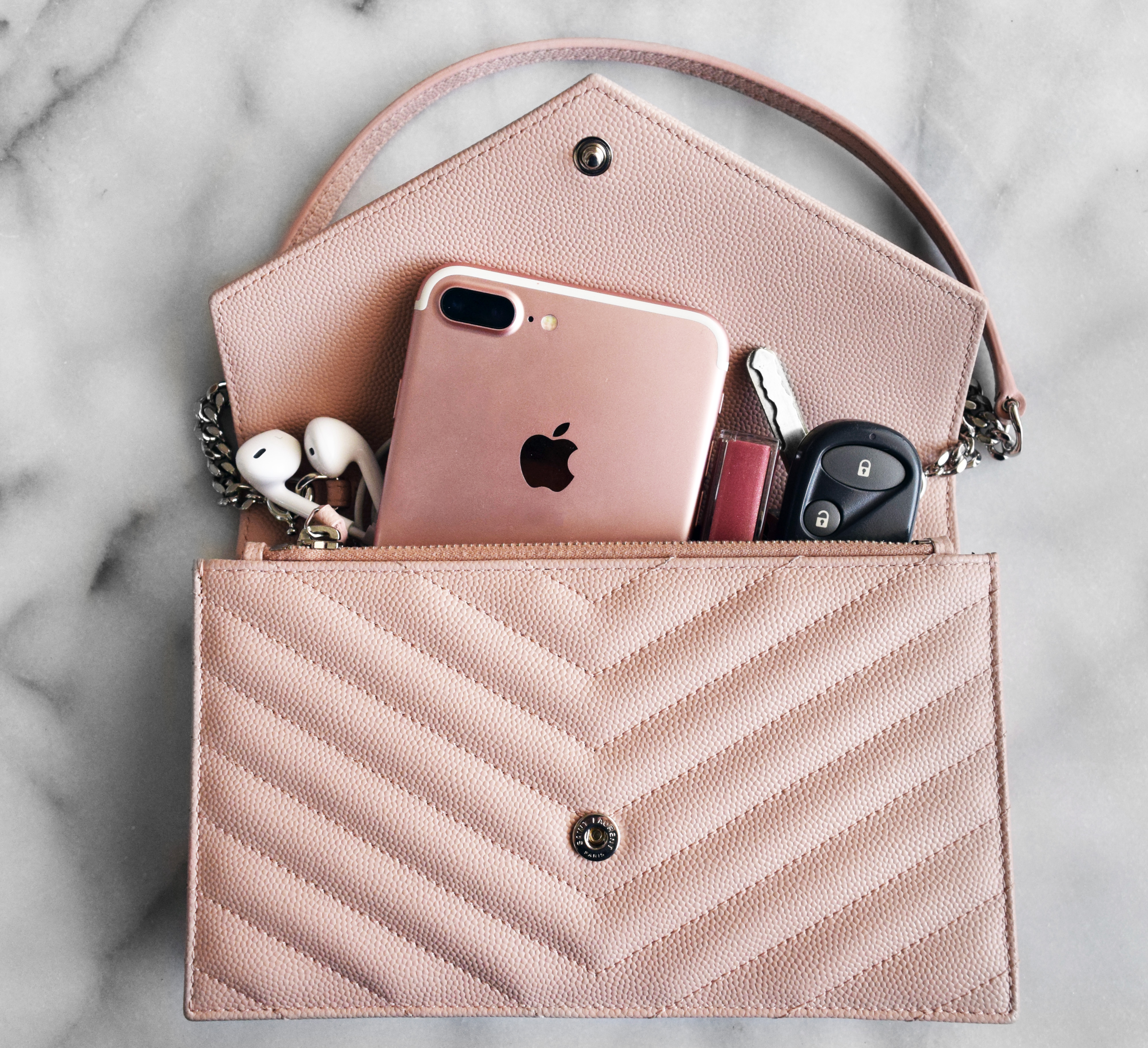 What fits inside my Saint Laurent Light Pink Monogram Envelope WOC bag