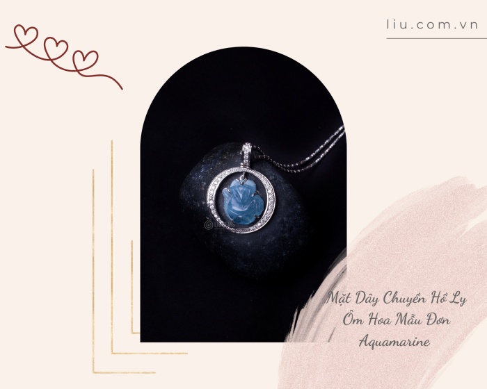 Mặt Dây Chuyền Hồ Ly ôm hoa Mẫu Đơn Aquamarine