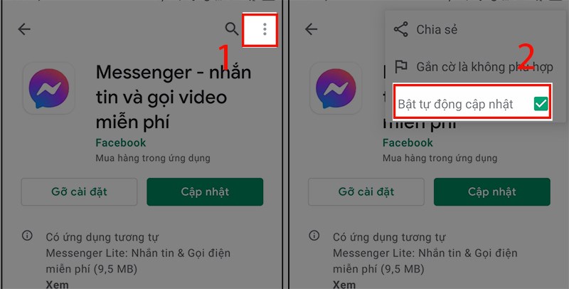 Chọn biểu tượng 3 chấm và tick vào Bật tự động cập nhật