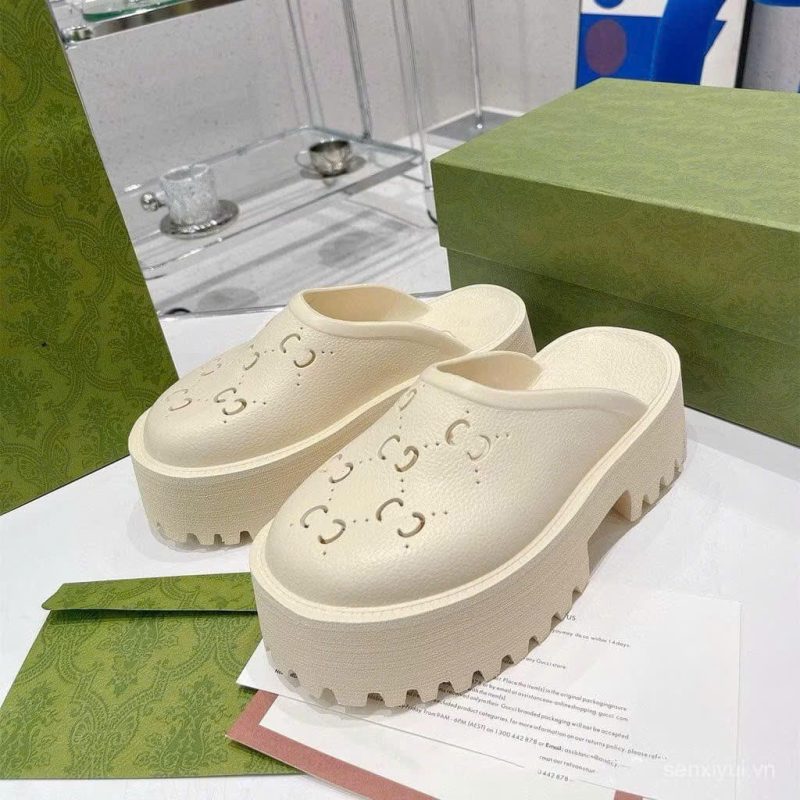 Dép Sục Gucci Platform Perforated G Sandal Cream 99% Auth