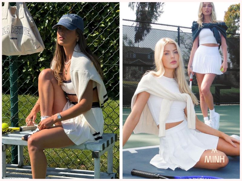 Váy tennis và sweater quàng vai