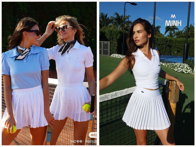 Chân váy xếp ly mix với áo polo croptop